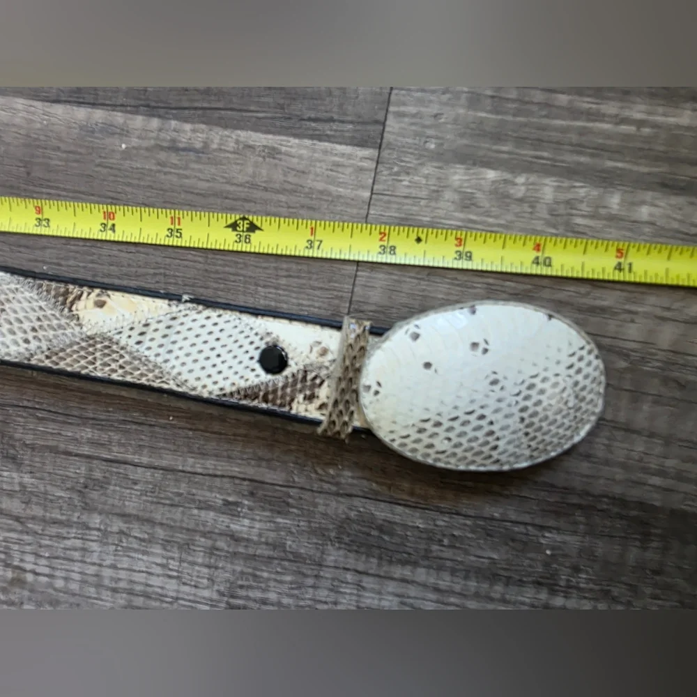 Artisan White and Brown Snakeskin Leather Belt with Oval Buckle